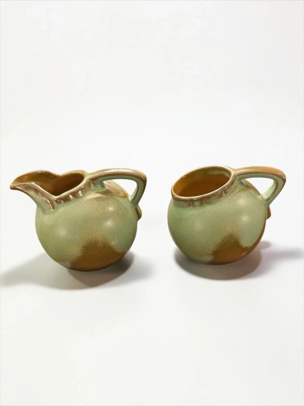 Vintage Francoma Pottery Cream and Sugar Set 87 Round Globe Art Deco Green